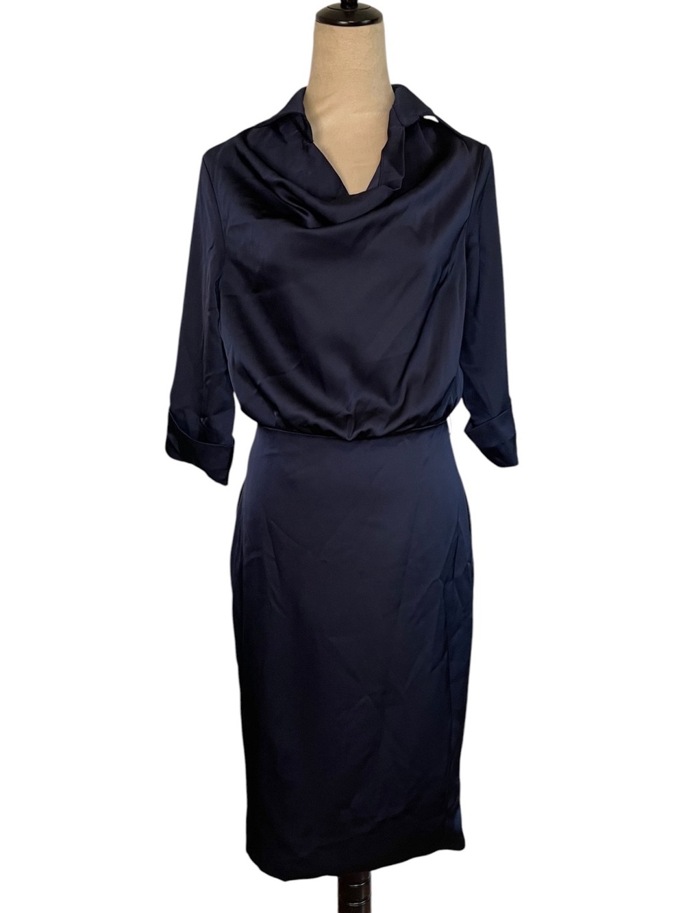 Elegant Navy Cowl Neck Sheath Dress